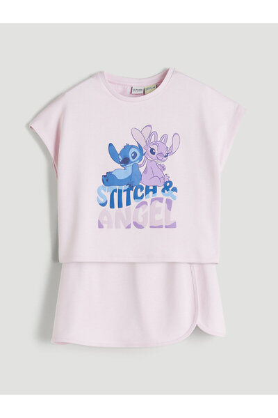 LC Waikiki Tricou și fustă-pantalon pentru fete, cu imprimeu Stitch și Angel