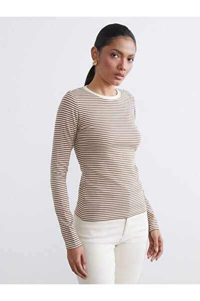 LC Waikiki Lcwaikiki Basic Beige Crew Neck Striped Women's Bodysuit