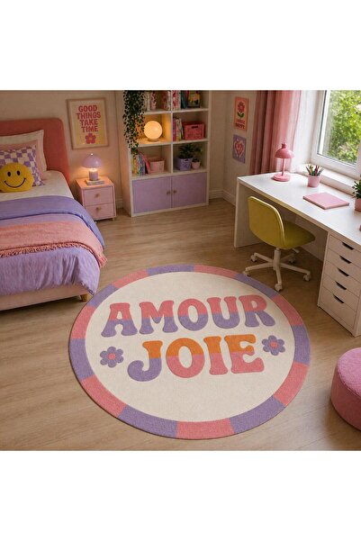Rugs Modern Halı "Aura" Serisi - Amour Joie Yazılı Retro Yuvarlak Krem Mor Pa...