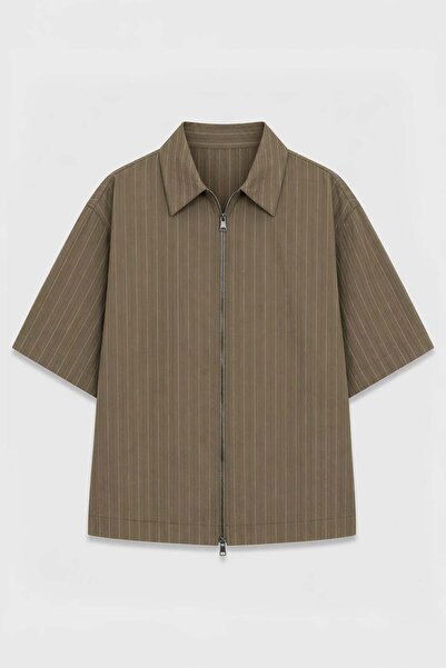 VAMOSCLO Lyocell Blend Striped Zippered Linen Shirt Khaki