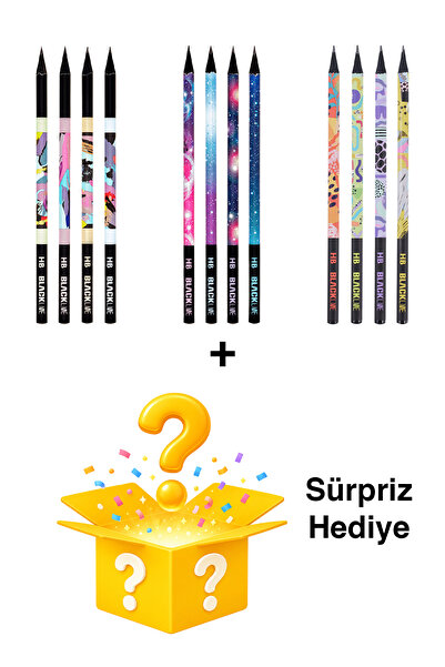 Adel Blackline Karışık Kurşun Kalem 12'li Set,Uzay Desenli,Neon,Mozaik Desenl...