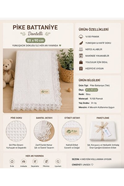İlk Nefes waffle pike battaniye dantelli beyaz %100 pamuklu 85x90