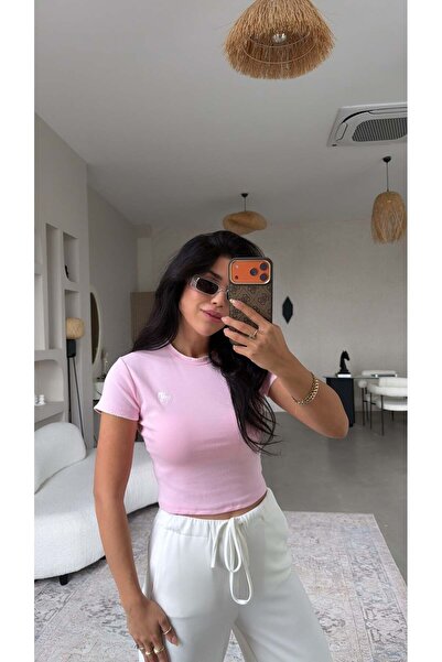 Buket Teke Tricou crop din bumbac cu broderie cal roz