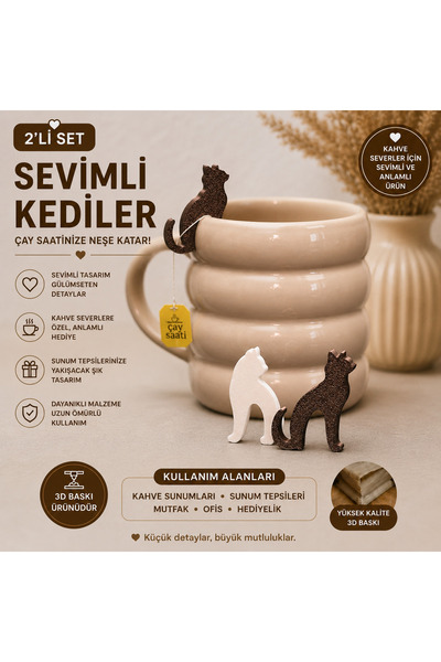 Lumis Home 2’li Kedi Figürlü Çay Poşeti Tutucu – Kupa Kenarı Bardak Aksesuarı