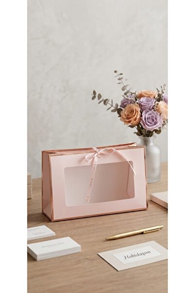 hobidaşım Rose Gold Tarzı Şeffaf Pencereli Buket ve Hediye Kutusu