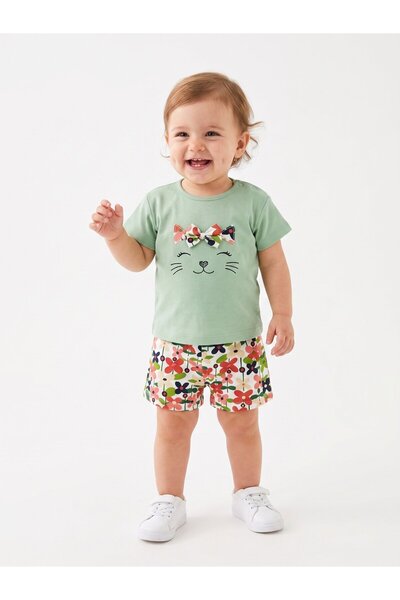Kids Kingdom Cotton Floral Kitten Detailed Baby Girl 2-Piece Shorts Set
