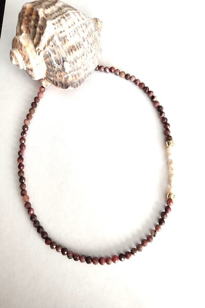 c-bhadu naturel Certified 4 mm Rodonite, Genuine Pearl Natural Stone Necklace