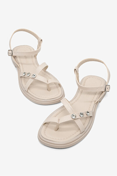 Tonny Black Women's Beige Comfortable Stone-Embellished Flip-Flop Sandals