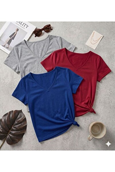 FAVORİST 3 Pieces of Plain Regular Fit (V-Neck) Women's T-Shirts