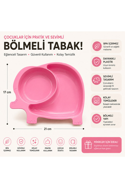 Clinica Bölmeli Çocuk Tabağı Fil Şekilli Pembe Mama Tabağı BPA İçermez 21x17 cm