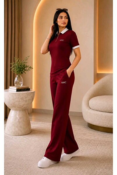 NWC İSABELLA Set din două piese burgundy, din țesătură modală, model Palazzo ...