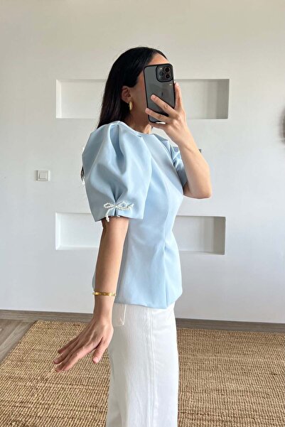 butikhola Baby Blue Bow Detailed Balloon Sleeve Blouse