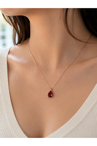 Frost Jewellry 925 ayar rose kaplama kırmızı damla taşlı gümüş kolye