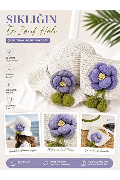 ZS Aksesuar Children's Floral Detailed Straw Hat and Bag Set 2-5 Years Old