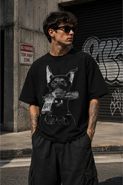 cc collection Tricou unisex oversize cu imprimeu Doberman, stil streetwear