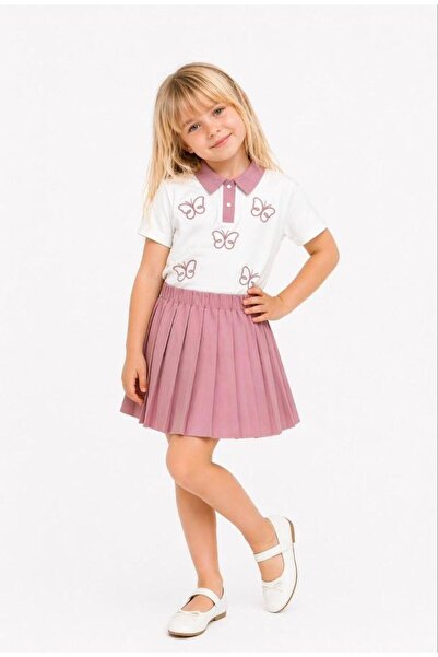 WİKİBOOM Butterfly Embroidered Pleated Skirt Set