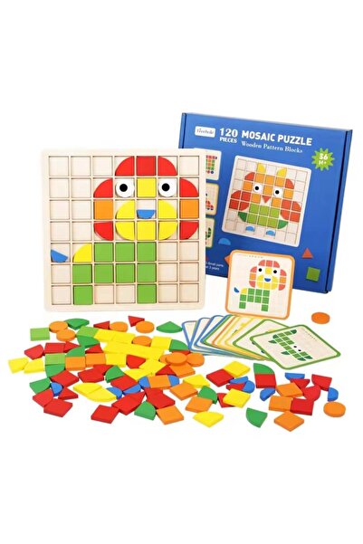 Junios Puzzle 3D mozaic din lemn cu forme geometrice colorate, 120 piese