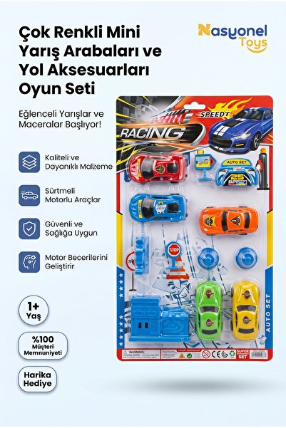 NASYONEL TOYS Çok Renkli Mini Yarış Arabaları ve Yol Aksesuarları Oyun Seti Ç...