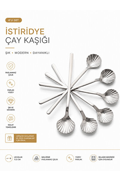 Asemi online İstiridye Desenli Paslanmaz Çelik Çay Kaşığı Seti 6 Parça