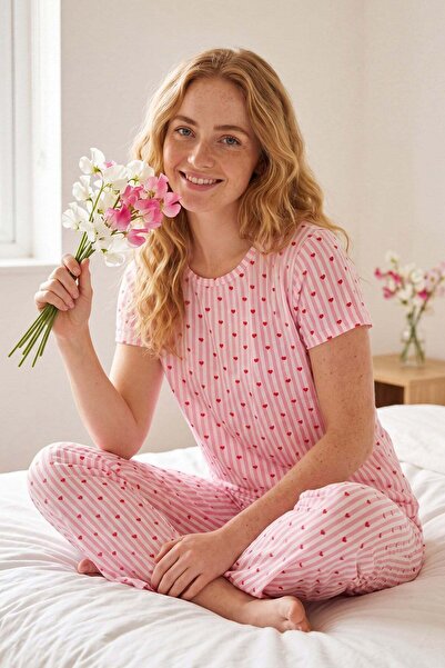 Niket Life Women's Tiny Heart Patterned Crew Neck Short Sleeve Long Combed Co...
