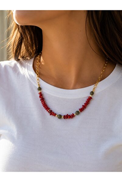 Sistersco Coral and Jade Stone Gold-Colored Detailed Necklace
