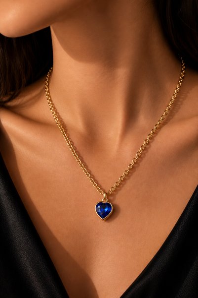 LuneraBag Blue Zircon Stone Heart Necklace – Gold Color Premium Chain Elegant Women's Necklace for Daily & Special Occasion Jewelry