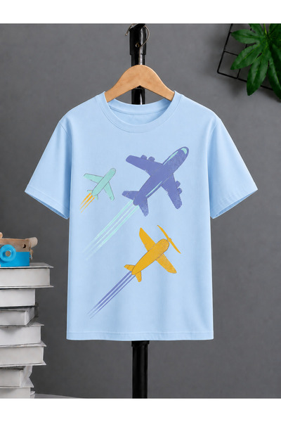 VODEXA Tricou oversize unisex cu imprimeu THREE AIRPLANES, 100% bumbac, croia...