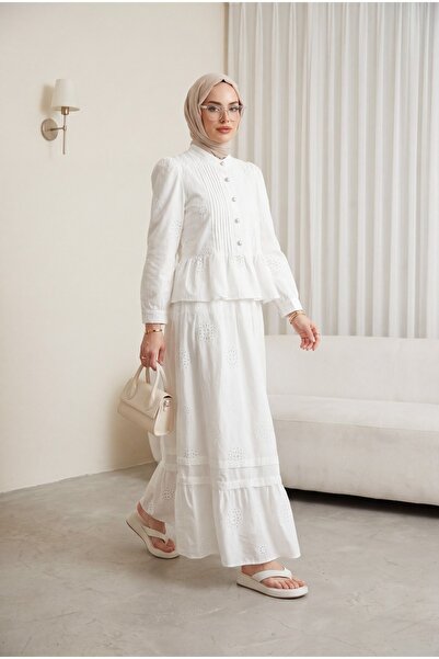 Modamorfo Ribbed Front, Stone Buttoned, Scalloped Lined Skirt, Linen Suit -White