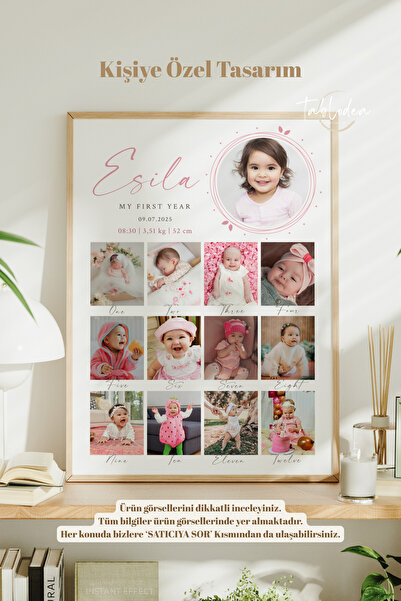 tablodea Kişiye Özel Tasarım 12 Ay Fotoğraflı Bebek Anı Tablosu TD Bebek 1 Ya...