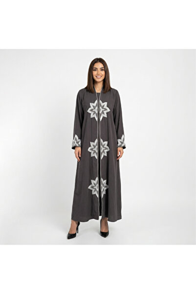 HAWRAA ABAYA Grey Color Wrap Abaya with Embroidery and Embossed Shakabars on ...