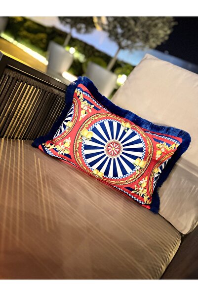 Merve Kaymakcı Positano Rectangular Throw Pillow Cover - Saks Blue with Fringes
