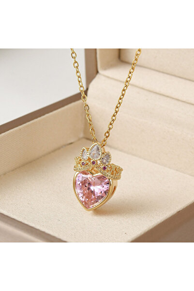 Choice Pink Women's Pink Crown Heart-Shaped Necklace Stainless Steel Collarbo...
