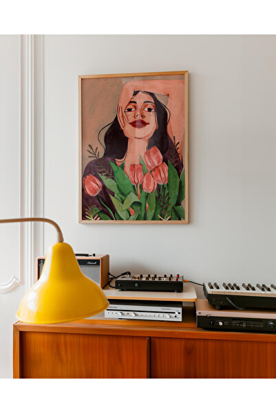 Tuba Decor Tablou într-o singură piesă cu ramă din lemn: Femeie cu lalele