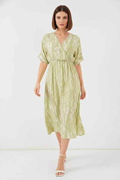 buğrahayalin Women's Short Sleeve Gathered Waist Patterned Viscose Green Dress