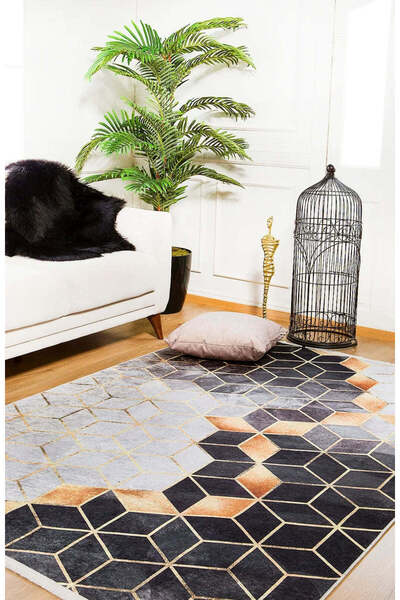 halinet Halı.Net Anthracite Modern Washable Non-Slip Living Room Carpet Haln-...