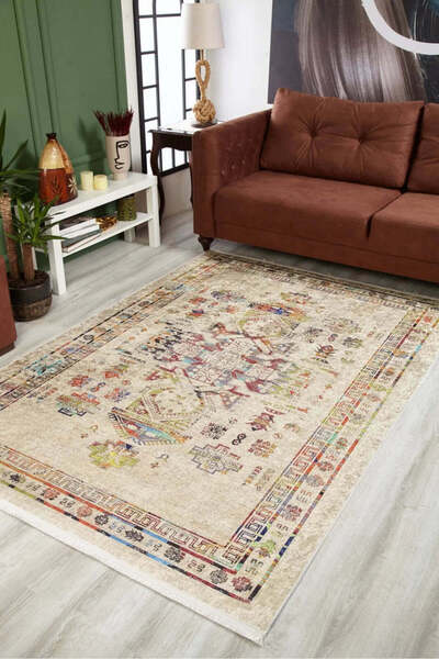 halinet Halı.Net Cream Modern Washable Non-Slip Living Room Carpet Haln-Hln1894