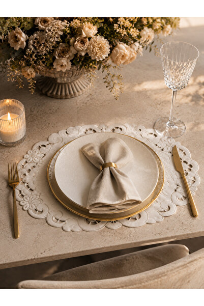 Lilies Atelier Beyaz Deri Oval Amerikan Servis | Lüks İşlemeli Supla | Dekora...