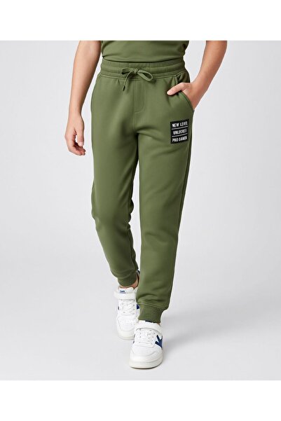 Pine kids Knit Full Length Lounge Pant With Text Print - Olive Green