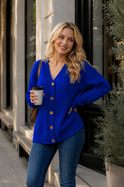 Marvine Women's Saks Blue Patterned 5-Button Long Knitwear Cardigan