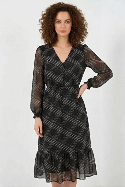 buğrahayalin Women's V-Neck Gathered Waist Striped Patterned Chiffon Black Dress