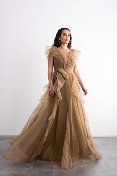 Mialora Khaki, Front-Stoned, Flounced, and Romantic Long Evening Dress