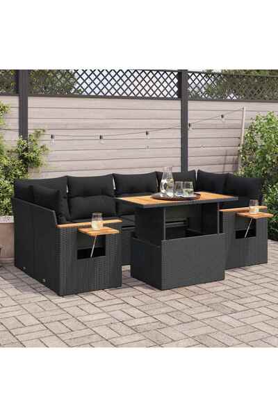 vidaxl Set canapele gradina perne 7 piese negru, poliratan/lemn acacia
