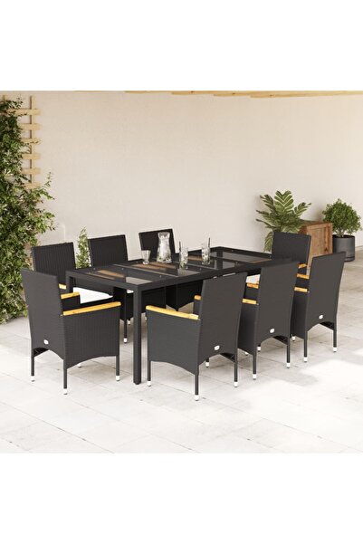 vidaxl Set mobilier de gradina cu perne 9 piese negru poliratan&sticla
