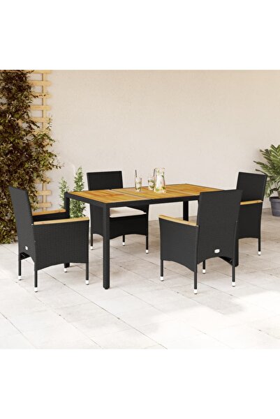 vidaxl Set mobilier gradina perne 5 piese negru poliratan/lemn acacia