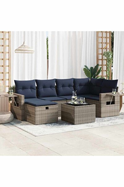 vidaxl Set canapele de gradina, 7 piese, cu perne, gri, poliratan