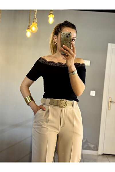 Gözde Tasarım Butik Women's Black Color Lace-Up Madonna Carmen Collar Short S...