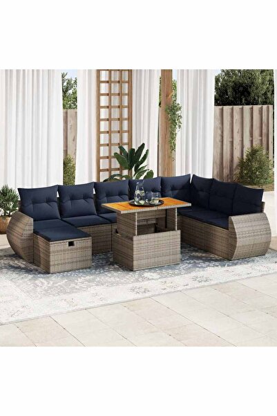 vidaxl Set mobilier gradina perne 9 piese gri poliratan/lemn acacia