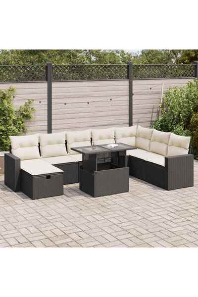 vidaxl Set mobilier de gradina cu perne, 9 piese, negru, poliratan
