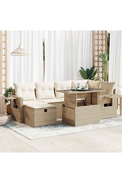 vidaxl Set canapele de gradina, 7 piese, cu perne, bej, poliratan