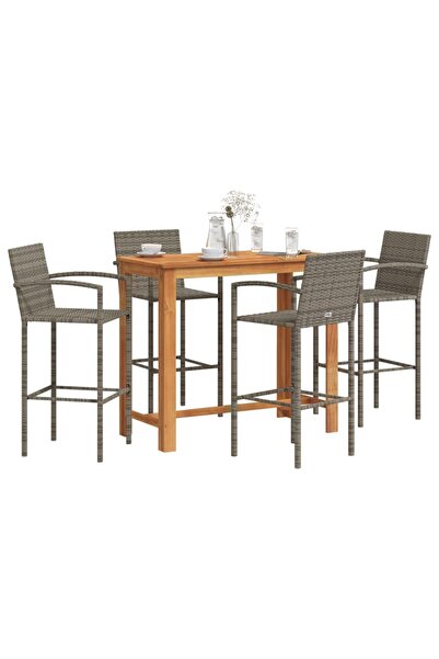 vidaxl Set bar de gradina, 5 piese, gri, lemn masiv acacia/ poliratan